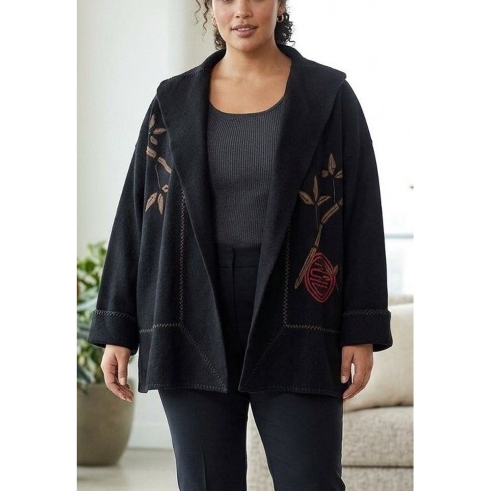Vintage Chico's Felted Wool Black Embroidered Bamboo Open Front Cardigan Size XL